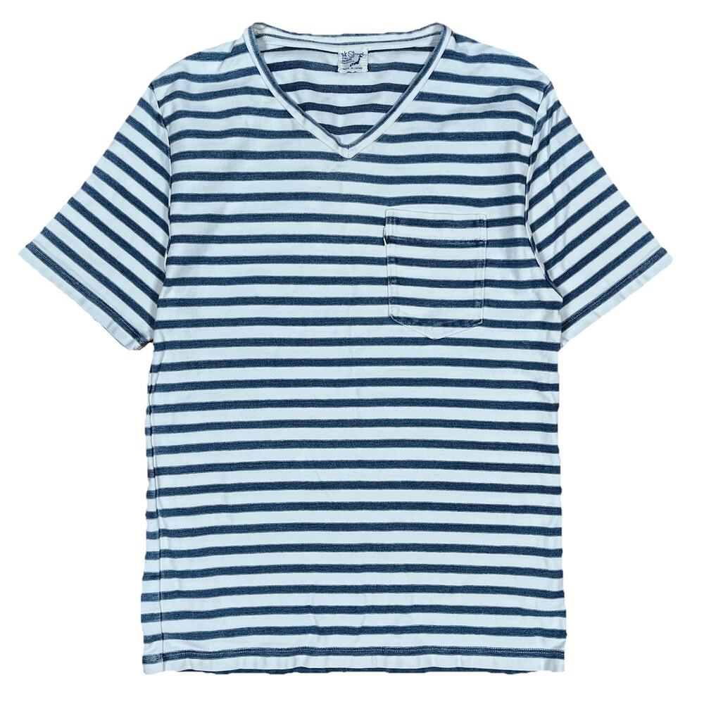 orSlow Pocket T-Shirt V-Neck Blue White Striped Nautical Japan Made Sz 1 XS Fit